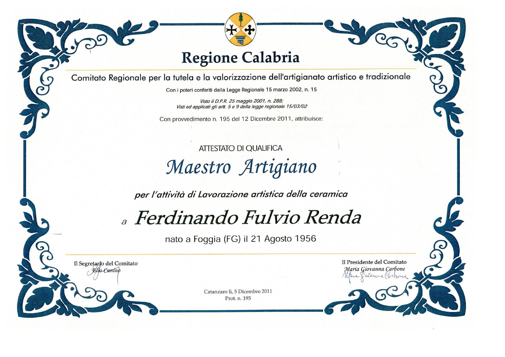 Attestato di qualifica Maestro Artigiano per l'attività di lavorazione artistica della ceramica